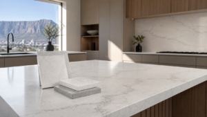 Blog 1 Quartz and Engineered Stone countertop samples displayed on a modern kitchen island in a bright Cape Town home